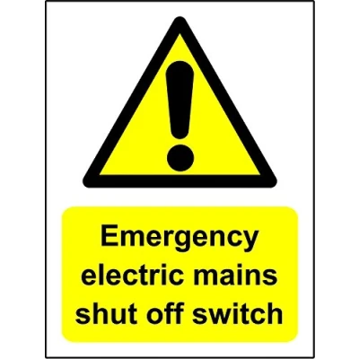 Image of Emergency Electric Mains Shut Off Switch Sign Self Adhesive Sticker 150mm x 200mm