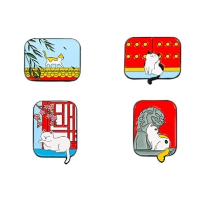 Image of Cartoon Cats Walking On The Wall Brooch Enamel Lapel Pin Set Chinese Style Building Cat for Backpacks Hats Clothes Decor Alloy Spring Pins Fashion Jewelry