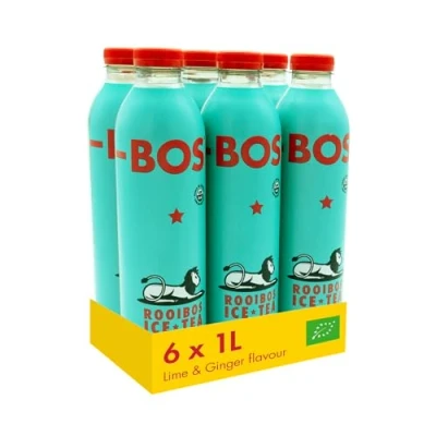 Image of BOS Organic Lime &amp; Ginger Flavoured Rooibos Ice Tea, 1L (Pack of 6)