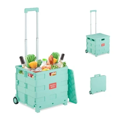 Image of Relaxdays Shopping Trolley, Foldable, Wheels, Lid &amp; Telescopic Handle, up to 35kg, Cart, Basket, Turquoise, 99 x 45.5 37 cm