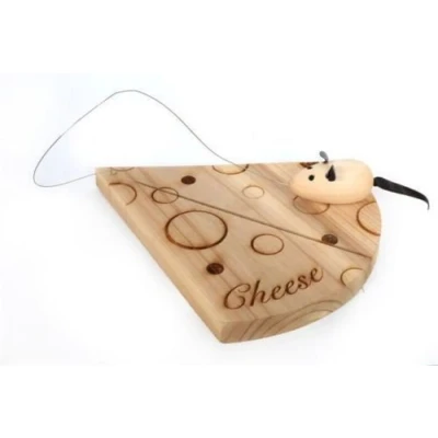 Image of Handcrafted wood cheese board dinner party wedge shape with mouse &amp; wire cutter