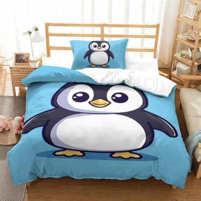 Image of Zhangmyxsh Duvet Cover Penguin Bedding Comforter Set Girls 2 Piece for Kids Teens 3D Bedspread Quilt with Zipper Closure Soft Microfiber Single（135x200cm）