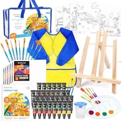 Image of Shuttle Art 69 Pack Kids Paint Set, Set for with 30 Colours Acrylic Paint, Wood Easel, Canvases, Painting Pad, Brushes, Palette, Smock &amp; Storage Gag, Complete