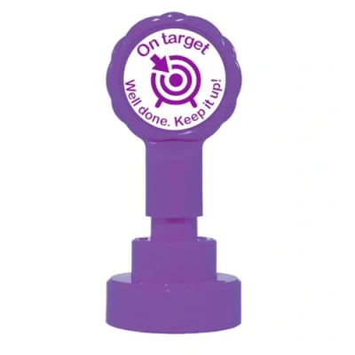 Image of On Target. Well Done. Keep it up! Self Inking Teacher Stamp 22mm Reinkable (Purple/Violet)