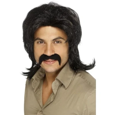 Image of Smiffys 70s Retro Wig, Black Fringed, 1970&#039;s Disco Fancy Dress, 1970s Dress Up Wigs