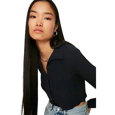 Image of Trendyol Women Regular fit Basic Shirt Collar Knit Blouse Dark Blue