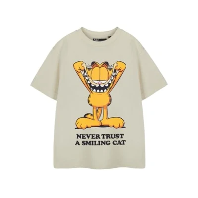 Image of Garfield Kids Short Sleeved T Shirt Smiling Cat Graphic Tee in Oatmeal Cartoon Character Comfortable Sleeve Apparel for Boys &amp; Girls Fun Merchandise Gift Teens