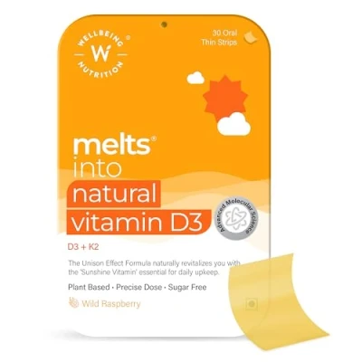 Image of Wellbeing Nutrition Melts Natural Vitamin D3 + K2 Supplement for Immunity, Heart, Muscle, Bone, Cellular Protection Vitashine, Resveterol &amp; MenaquinGold 30 Oral Strips