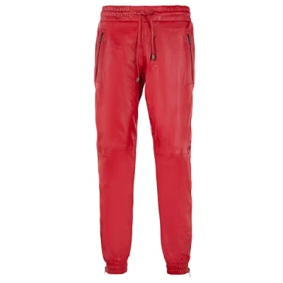 Image of Mens Real Leather Trousers Red Nappa Sweat Track Pants Zip Jogging Bottom Biker 38