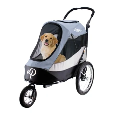 Image of Petique Large Dog Pram Stroller Pushchair Pet Buggy 3 Wheels Ventilated Safety Belt Travel Carriage Trolley for Large/Medium Dogs and Cats UK (Gray)