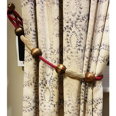 Image of Kestral 2 x Tie Backs Woven Rope Curtain Tieback Hold With Saffron Wooden Ball Design Beautiful Elegant Finish, Fuchsia