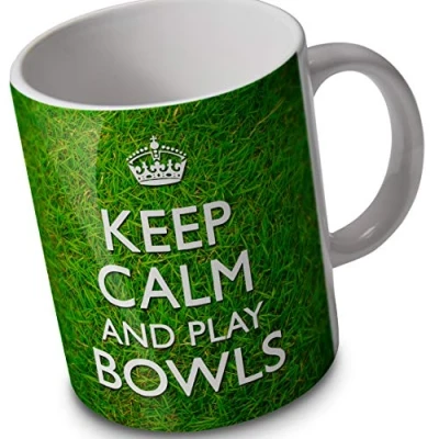 Image of verytea Keep Calm and Play Bowls Mug Cup Grassy Background