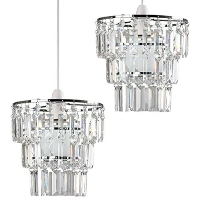 Image of Pair of Modern 3 Tier Ceiling Pendant Light Shades with Clear Acrylic Jewel Effect Droplets Complete 10w LED GLS Bulbs [3000K Warm White]