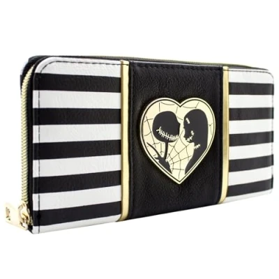 Image of Nightmare Before Christmas Striped Jack &amp; Sally Purse Clutch Coin Pocket Card Holder, Black