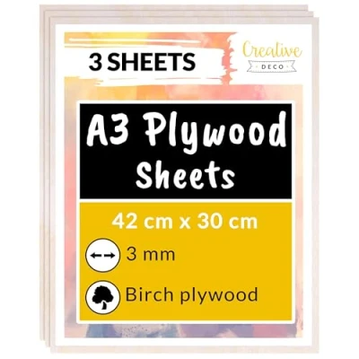 Image of Creative Deco 3 x A3 Birch Plywood Sheets 420 300 3mm Baltic Wood Ply Perfect Board for DIY Home Decor, Arts, Craft, Painting, Laser Cutting, CNC, Scroll Saw, Stenciling Pyrography