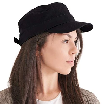Image of Mens Cotton Military Cadet Cap Womens Flat Top Hat Winter Large Head Black