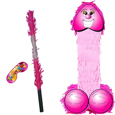 Image of Pink Willy Pinata with stick and blindfold