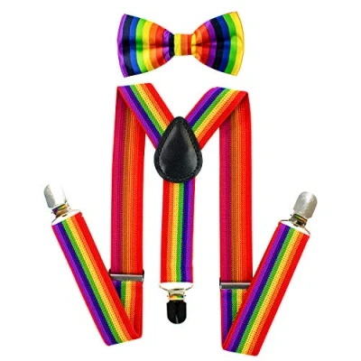 Image of TRIXES 2PC Rainbow Bow Tie and Braces Elasticated Adjustable Clip On Y Shape Suspenders LGBTQIA2s+ Pride Party Dress up Accessories