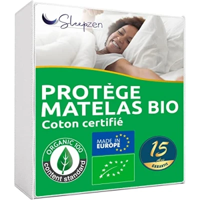 Image of Organic Mattress Protector 140x190 cm Certified OCS® and Oeko TEX® 100% Cotton Fleece Natural Healthy Silent Fabric Flap Shape Fitted Sheet Not Waterproof Made in Spain