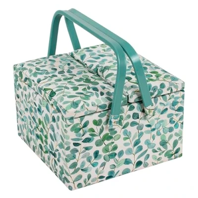 Image of Hobby Gift Exclusive Large Twin Lid Sewing Craft Storage Box, Accessories Tray Pin Cushion Pockets PVC Handles, Eucalyptus, 25 x 17cm