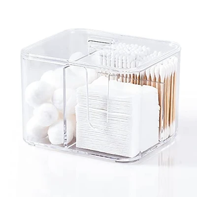 Image of YOHOM Cotton Bud Holder and Pad Dispenser Clear Bathroom Wool Storage Makeup Pads Container Box Organizer with Lid