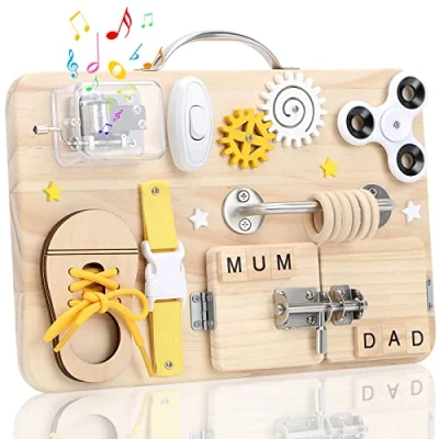 Image of Wooden Busy Board for Toddlers, Handmade Montessori Sensory Toys Activity Travel Early Development and Autism, Preschool Educational Gifts with Basic Life Skills Fine Motor