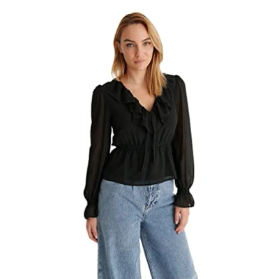 Image of NA KD Women&#039;s Frill V Neck Chiffon Blouse, Black, 6 UK