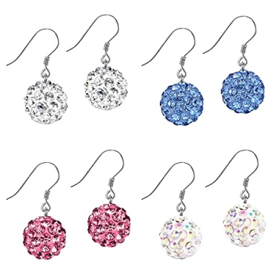 Image of Bo Win 4 Pairs 925 Sterling Silver Earrings Dangle Sparkly Crystal Ball 8mm Hook Drop Womens Set for Women Girls