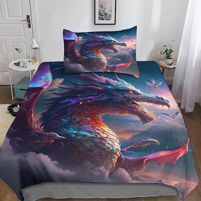 Image of GEEYOU Brave Dragon Duvet Cover Bedding Soft Microfiber with Zipper Closure Cartoon Comforter Pillowcases for Boys Girls Children Teens 3D Print Quilt Single（135x200cm）