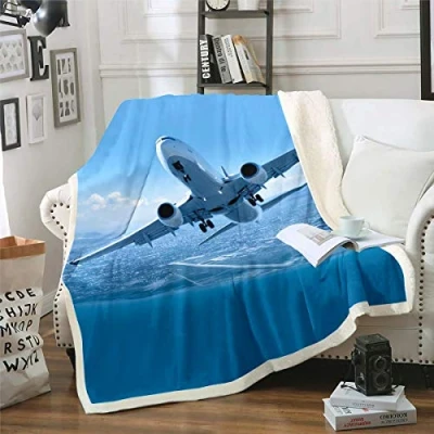 Image of Loussiesd Aircraft Fleece Throw Blanket 3D Print Sherpa for Kids Boys Adults Flying Airplane Plush Soft Breathbale Fuzzy Sofa Bed Couch Single 50x60 Inch,Blue