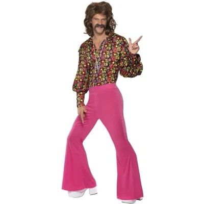 Image of Smiffys 60s CND Slack Suit Costume, Pink with Top and Trousers, 1960&#039;s Groovy Fancy Dress, 1960s Dress Up Costumes
