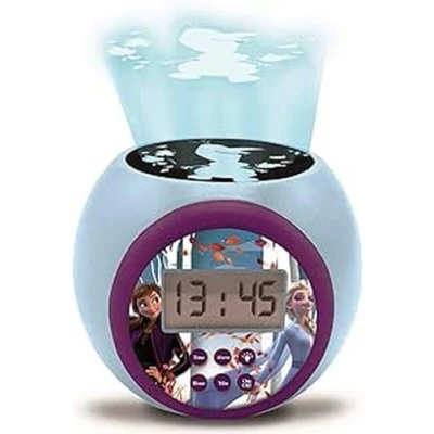Image of LEXIBOOK Projector Clock Disney Frozen 2 Anna Elsa with Snooze Alarm Function, Night Light Timer, LCD Screen, Battery Operated, Blue/Purple, Black