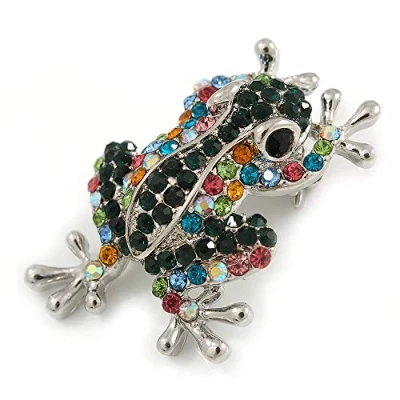 Image of Avalaya Multicoloured Crystal Frog/Toad Brooch in Silver Tone Metal 35mm L