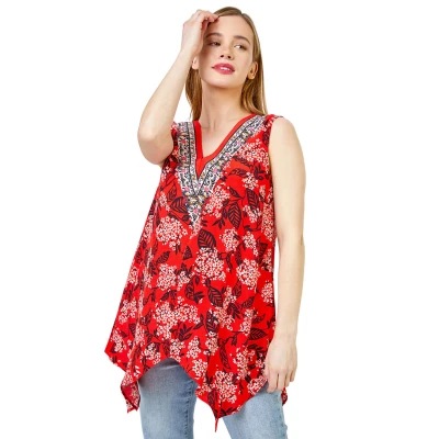 Image of Roman Petite Women Floral Print Hanky Hem Top Ladies Spring Everyday Summer Evening Vacation Work Holiday Sleeveless Smart Casual Red Size 12