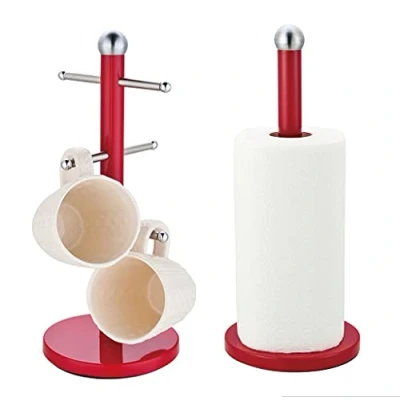 Image of Royal Cuisine Kitchen Roll Paper Towel Stand Pole Holder and 6 Cup Mug Tree Set with Weighted Anti Slip Base Stainless Steel (Red)