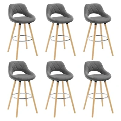 Image of WOLTU Breakfast Kitchen Counter Bar Stools Set of 6 pcs Linen Seat Chairs Wood Legs Barstools Dark Grey High