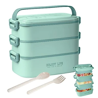 Image of 2700ml 3 Layer Bento Box with Fork &amp; Spoon, 4 in 1 Lunch for Adults, Meal Prep Container Food Storage Men Women Student School Office, Microwave Dishwasher Safe Available (Lake Blue)