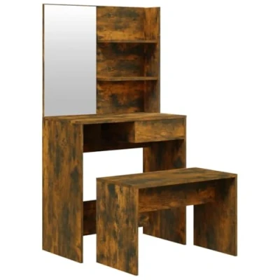 Image of vidaXL Smoked Oak Dressing Table Set with Stool, Engineered Wood Makeup Vanity Mirror for Bedroom, Cloakroom