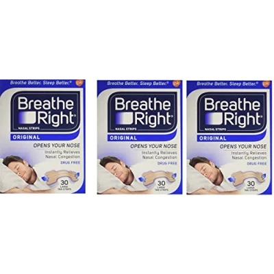Image of Breathe Right Snoring Congestion Relief Nasal Strips, Large, Original, 30 Strips 3 Packs