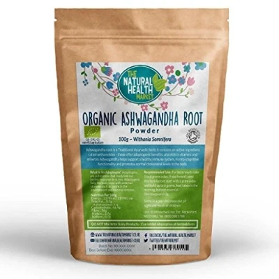 Image of Organic Ashwagandha Root Powder 100g by The Natural Health Market Soil Association Certified RAW Ayurvedic Herb Potent Adaptogen (100g)