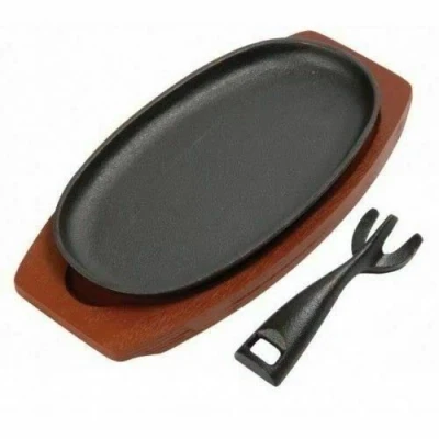 Image of Cast Iron Sizzler Pan 9&quot; x 5&quot; Oval Sizzling Serving Plate Dish Steak Platter Quality Wood Base Stand Home Restaurant Hot Dishes