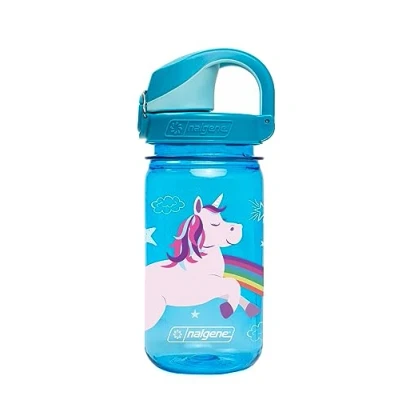 Image of Nalgene Sustain Tritan BPA Free Kids On The Fly Water Bottle Made with Material Derived from 50% Plastic Waste, Leak Proof, Durable, Free, Carabiner Friendly, Reusable, 12 oz, Blue Unicorn
