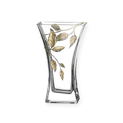 Image of Quality Contemporary Gold Leaf Tendril Flat Flare Column Flower Vase Mouth Blown Hand Decorated Glass Ideal Golden Anniversary 50th Wedding Gift 23cm
