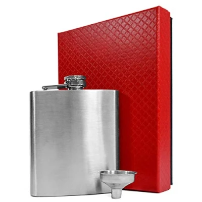 Image of EYEPOWER Hip Flask 210 ml + funnel elegant gift box flat metal bottle 0.2 l 7 ounces oz to carry alcohol in your bag silvery stainless steel