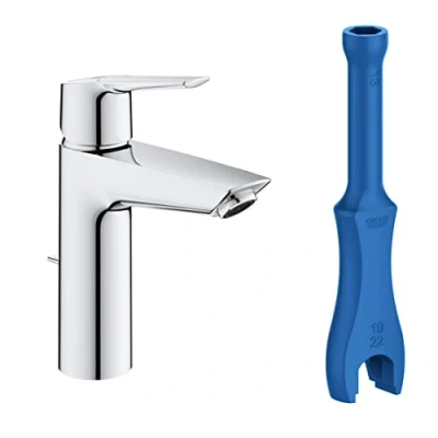 Image of GROHE QUICKFIX Start Wash Basin Single Lever Mixer Tap with Pop up Waste Set (Metal Lever, Water Saving Technology, Easy to Install, Includes 3 in 1 Tool, Tails 3/8 Inch), Size 192, Chrome, 23455002