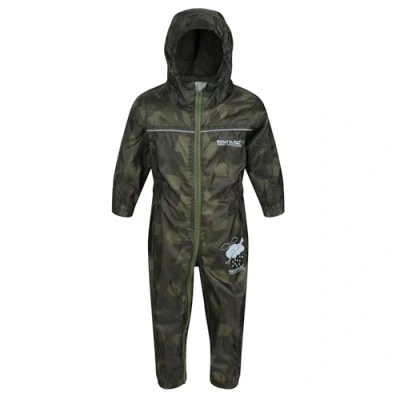 Image of Regatta kids puddle suit all in one waterproof For Breathable and rain proof hooded outdoor warm Puddlesuit reflective trim taped Seams playsuit Boys Girls