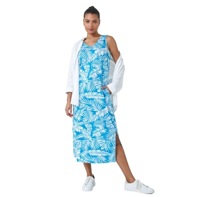 Image of Roman Originals Leaf Print Stretch Midi Dress for Women UK Ladies Everyday Holiday Spring Summer V Neckline Comfy Soft Evening Vacation Work Party Turquoise Size 10