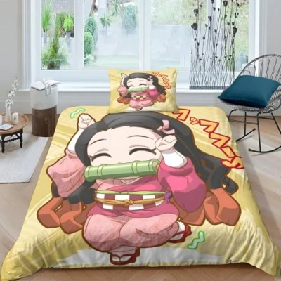 Image of GDEKCIEAS Anime 3D Demon Slayer Boys Bedding Set,2Pcs Duvet Cover And Comforter with Zipper,Ultra Soft Quilt for Teens Kids Single（135x200cm）