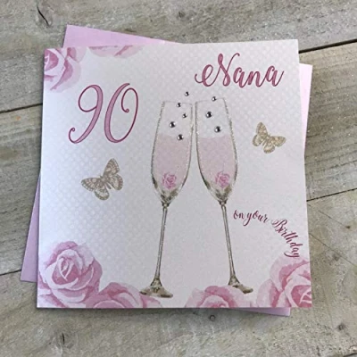 Image of WHITE COTTON CARDS Happy 90th Birthday Card Nana Champagne Glasses Pink Roses SS42 NANA90