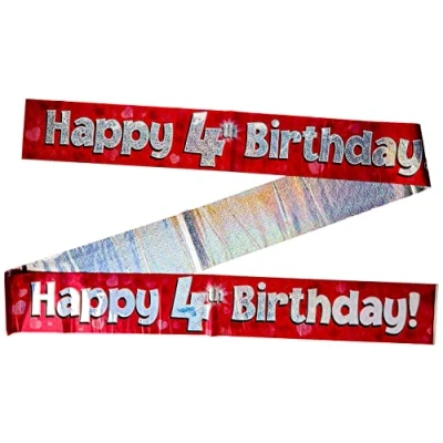 Image of OakTree 624368&quot; Happy 4th Birthday Foil Holographic Banner, Pink/BPWFA 3941, 9 ft